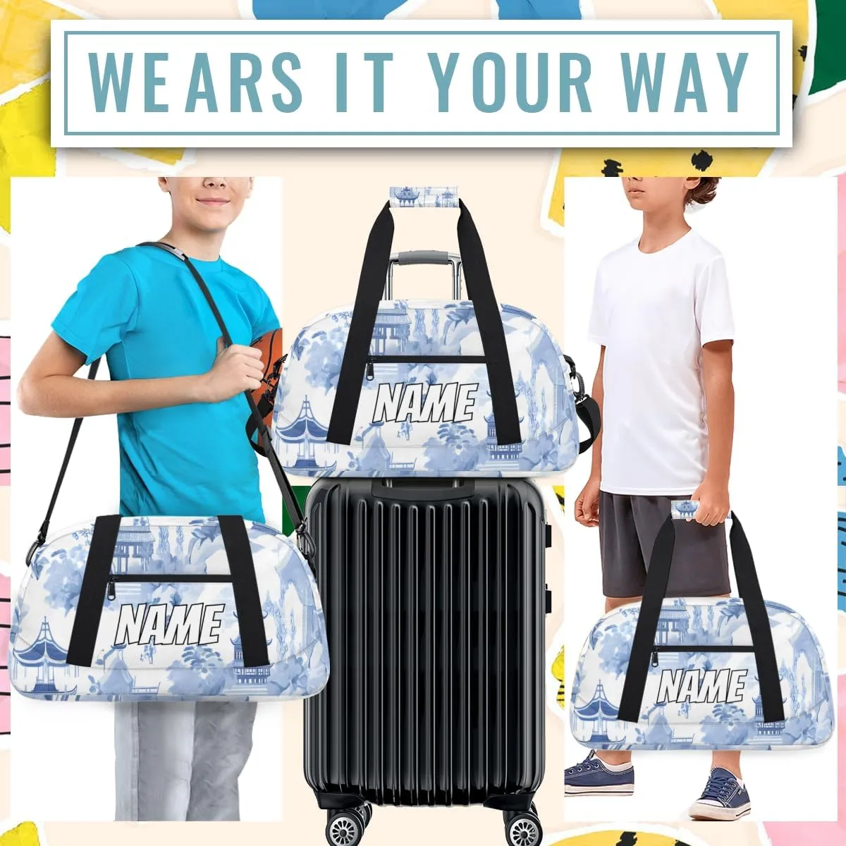 Personalized Custom Gym Bag for Women Men Carry on Japanese Nature Landscape Travel Duffel Tote Blue White Overnight Workout Weekender Bag
