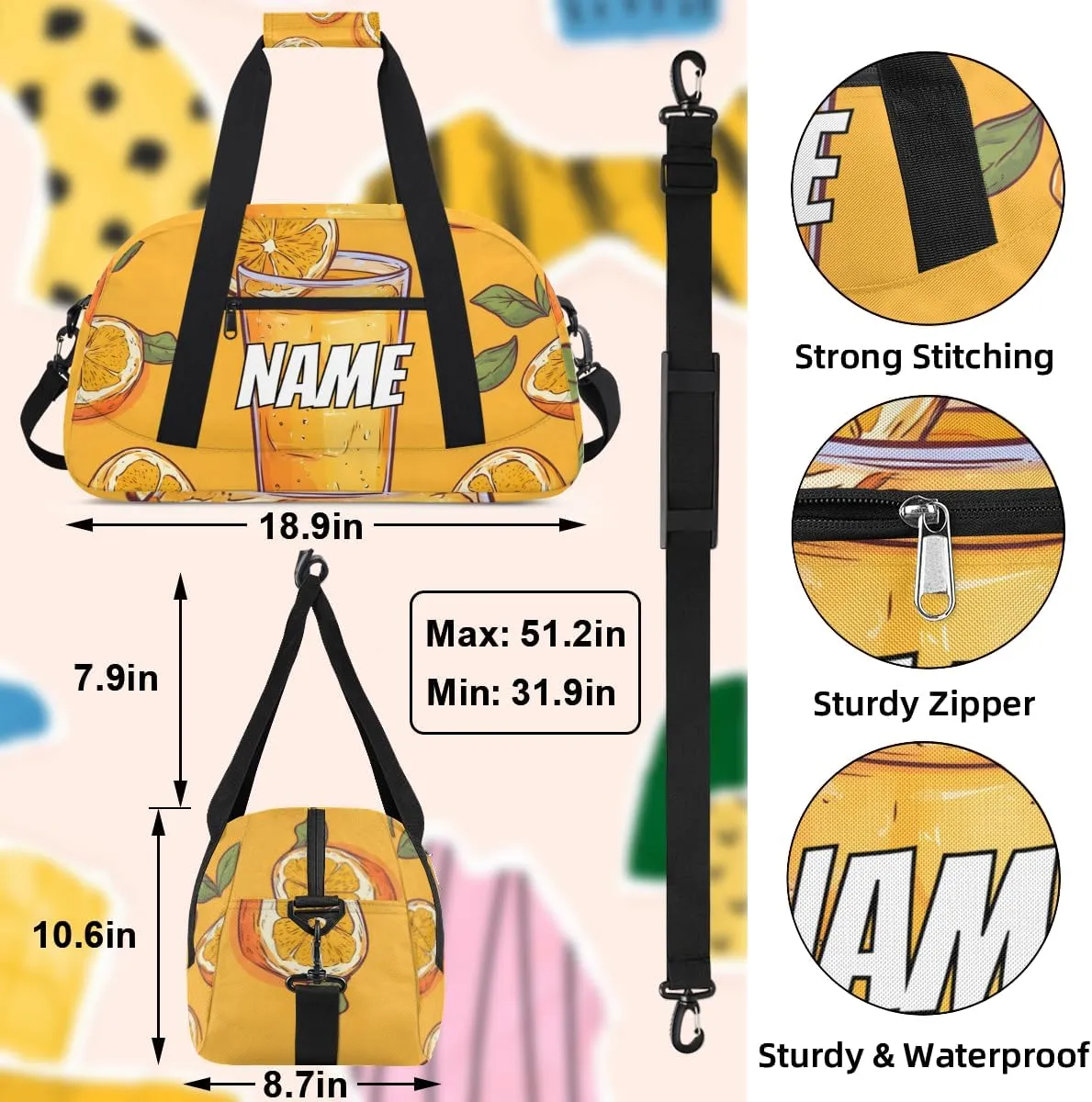 Personalized Custom Gym Bag for Women Men Carry on Orange Juice Travel Duffel Tote Summer Fresh Overnight Workout Weekender Bag