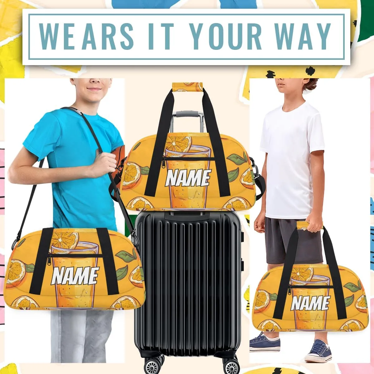 Personalized Custom Gym Bag for Women Men Carry on Orange Juice Travel Duffel Tote Summer Fresh Overnight Workout Weekender Bag