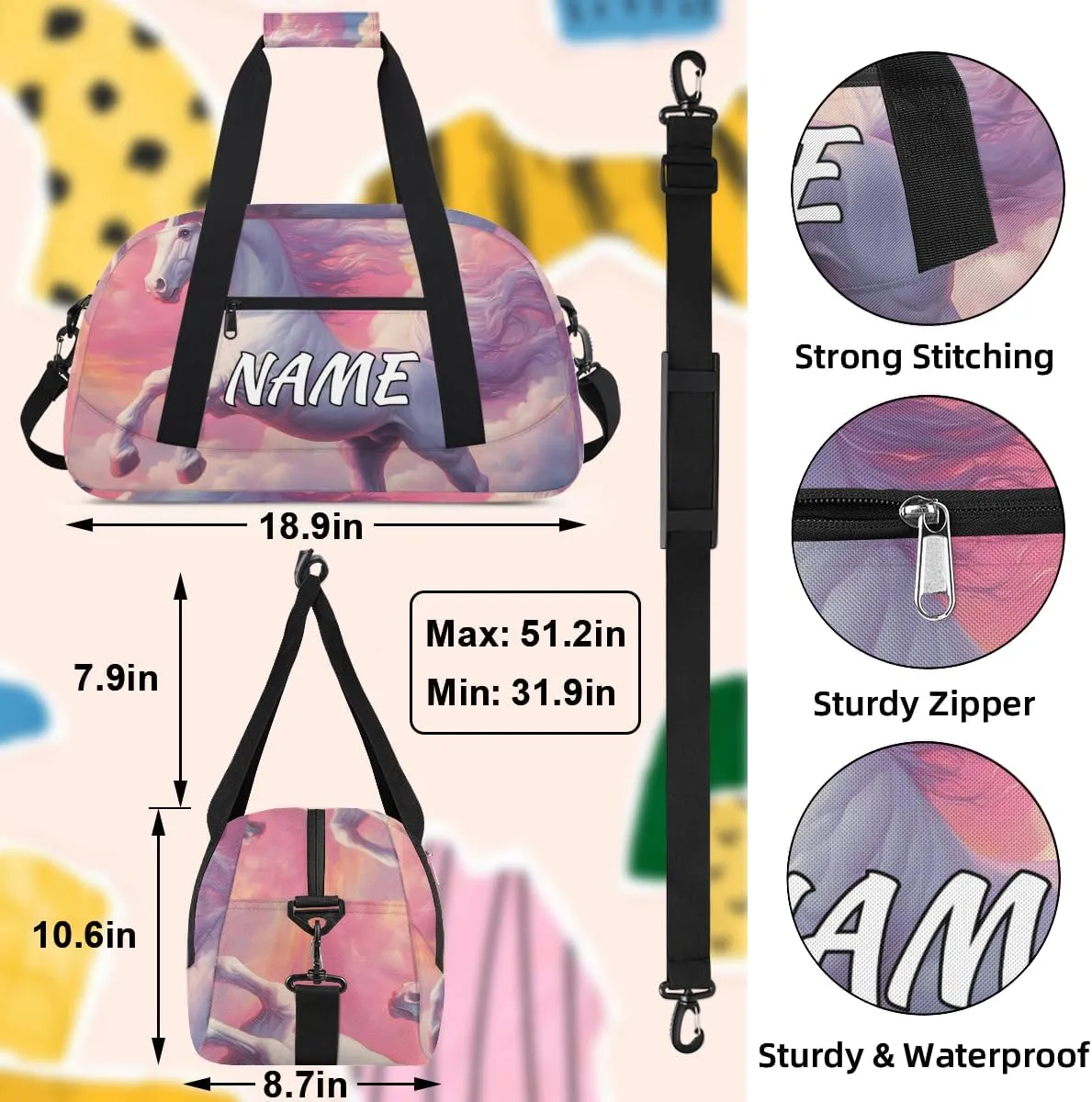 Personalized Custom Gym Bag for Women Men Carry on Pink Unicorn Travel Duffel Tote Sky Fantasy Overnight Workout Weekender Bag