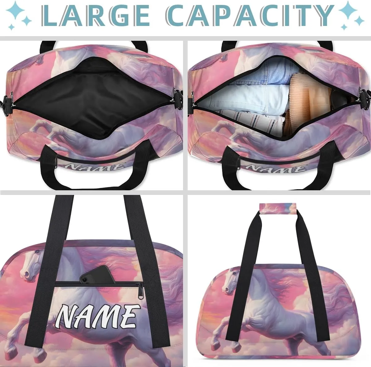 Personalized Custom Gym Bag for Women Men Carry on Pink Unicorn Travel Duffel Tote Sky Fantasy Overnight Workout Weekender Bag