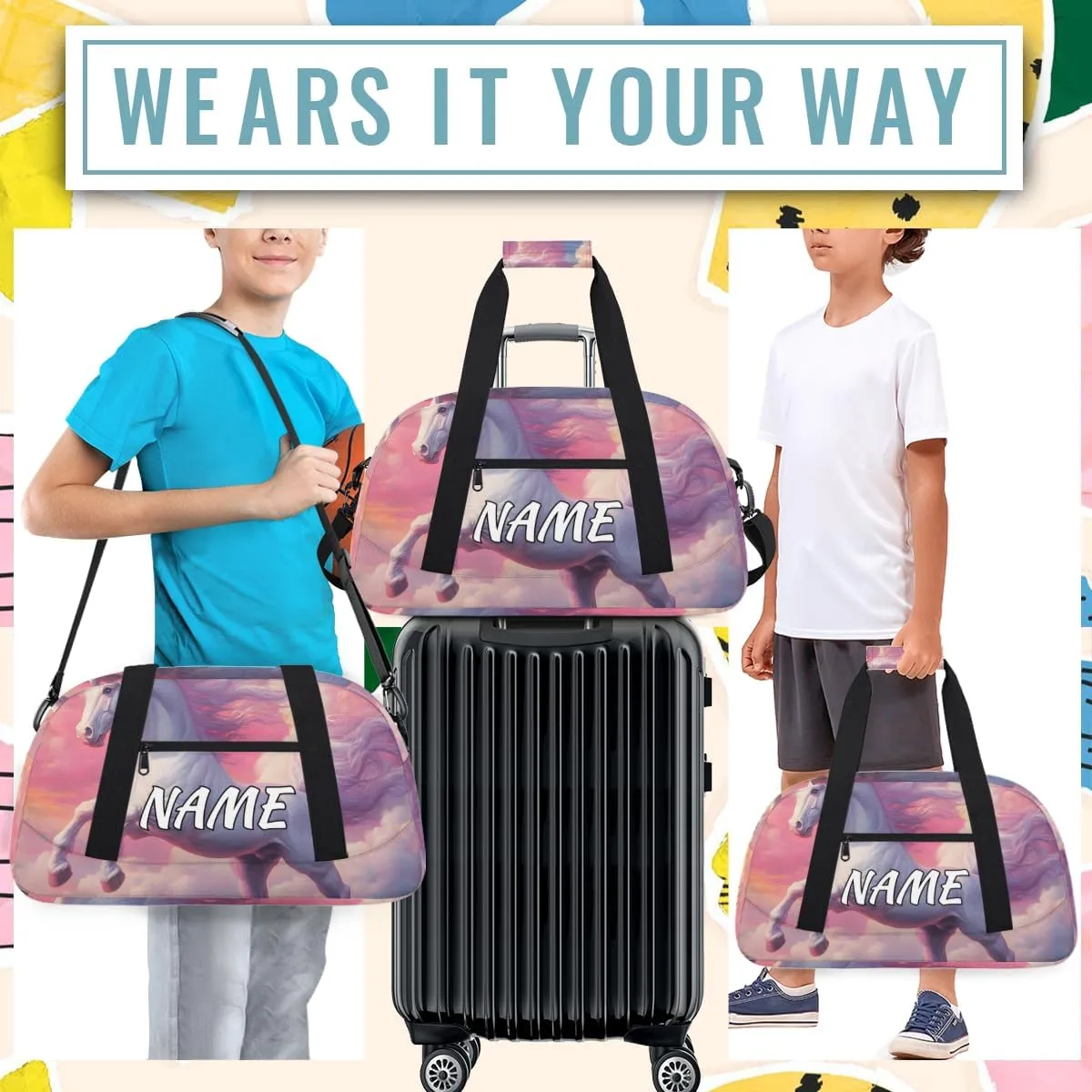 Personalized Custom Gym Bag for Women Men Carry on Pink Unicorn Travel Duffel Tote Sky Fantasy Overnight Workout Weekender Bag