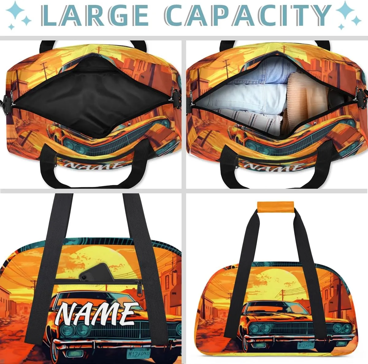Personalized Custom Gym Bag for Women Men Carry on Retro Car Travel Duffel Tote Sunset Scenery Overnight Workout Weekender Bag