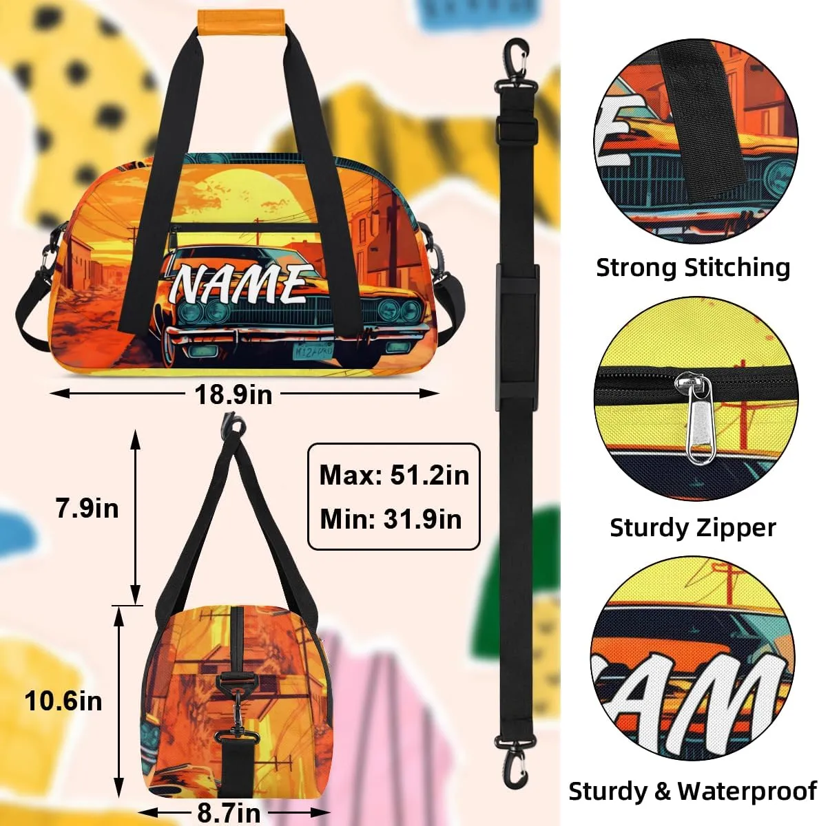 Personalized Custom Gym Bag for Women Men Carry on Retro Car Travel Duffel Tote Sunset Scenery Overnight Workout Weekender Bag
