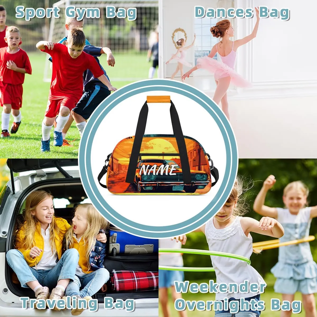 Personalized Custom Gym Bag for Women Men Carry on Retro Car Travel Duffel Tote Sunset Scenery Overnight Workout Weekender Bag