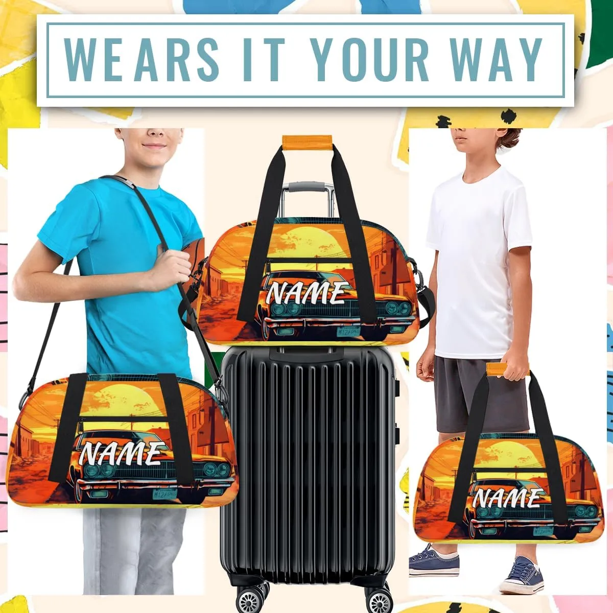 Personalized Custom Gym Bag for Women Men Carry on Retro Car Travel Duffel Tote Sunset Scenery Overnight Workout Weekender Bag