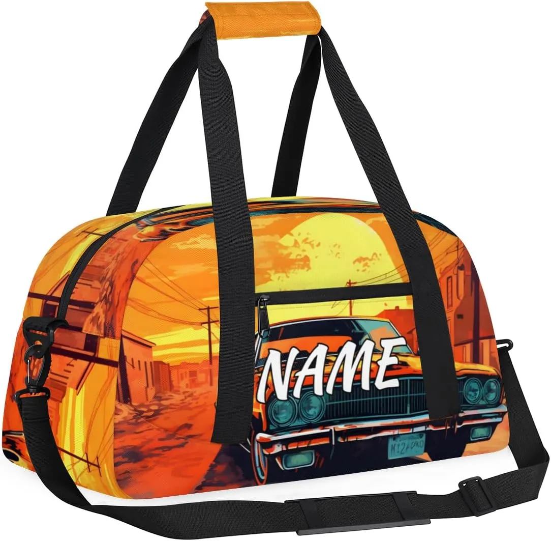 Personalized Custom Gym Bag for Women Men Carry on Retro Car Travel Duffel Tote Sunset Scenery Overnight Workout Weekender Bag