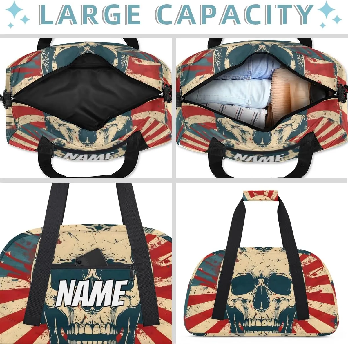 Personalized Custom Gym Bag for Women Men Carry on Skull Gothic Travel Duffel Tote America Flag Overnight Workout Weekender Bag