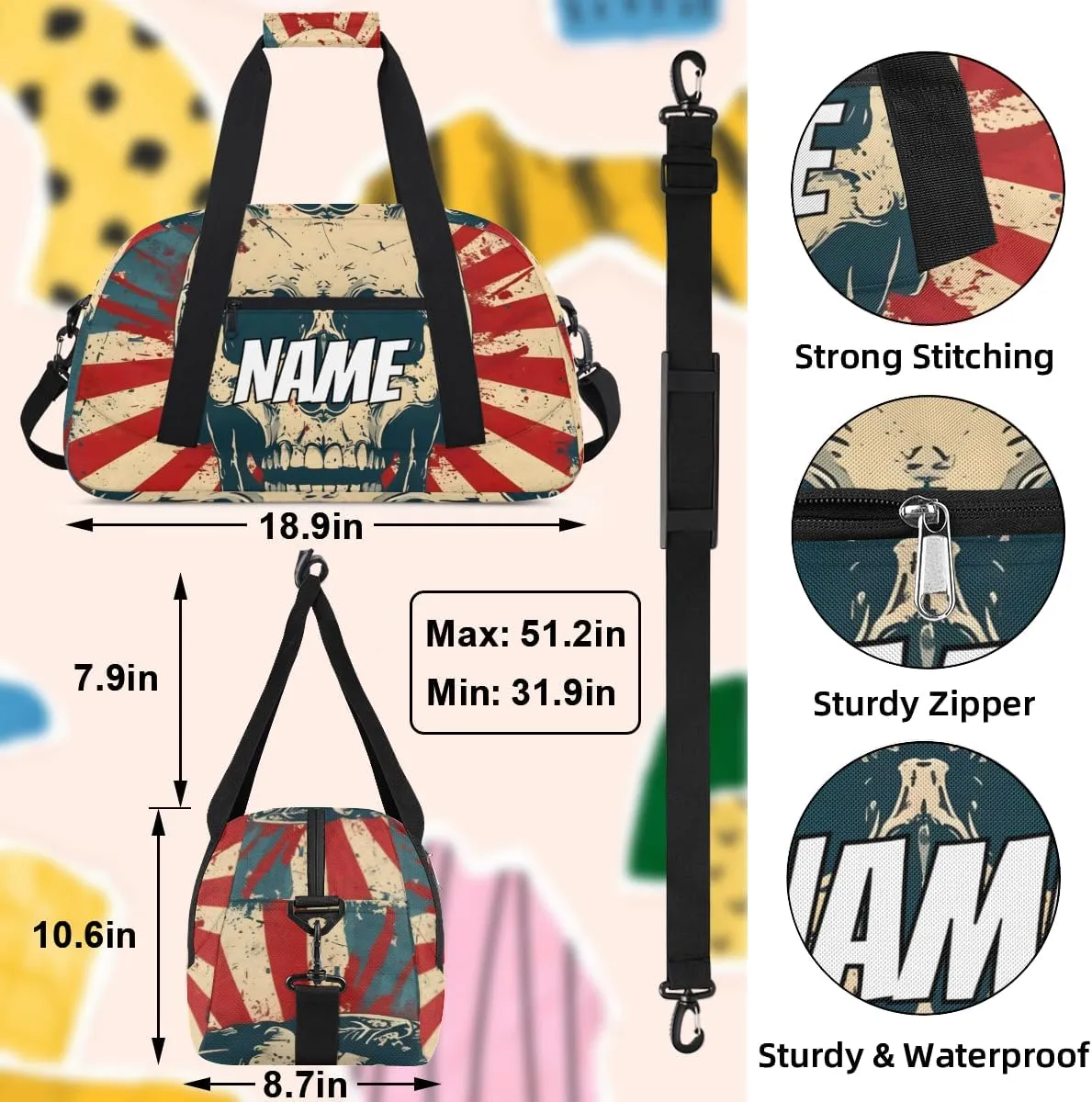 Personalized Custom Gym Bag for Women Men Carry on Skull Gothic Travel Duffel Tote America Flag Overnight Workout Weekender Bag