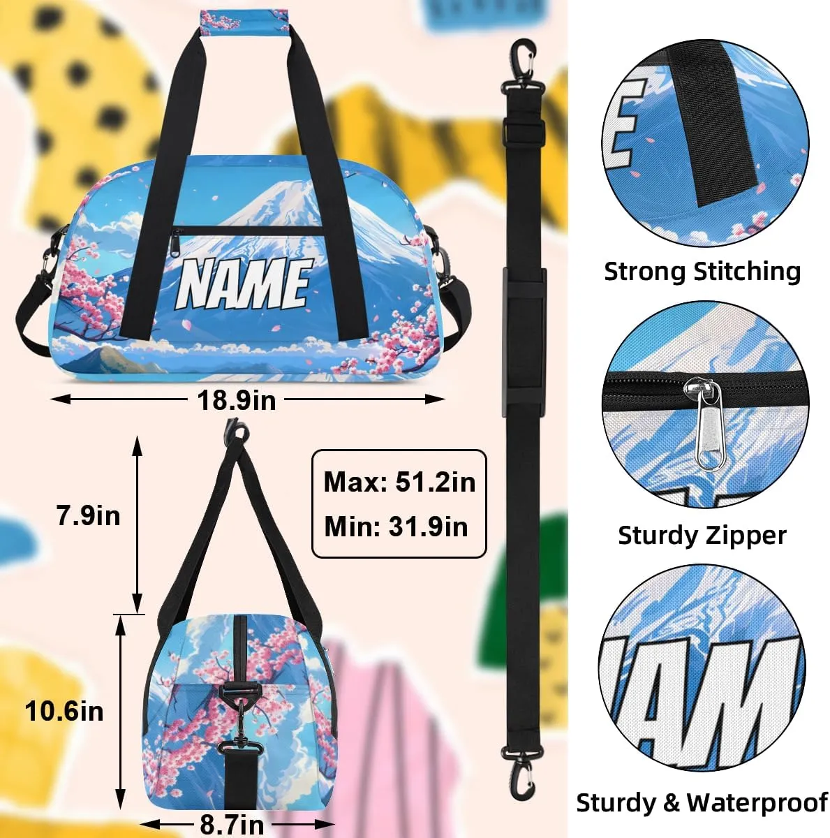 Personalized Custom Gym Bag for Women Men Carry on Snowy Mountain Travel Duffel Tote Japanese Landscape Overnight Workout Weekender Bag