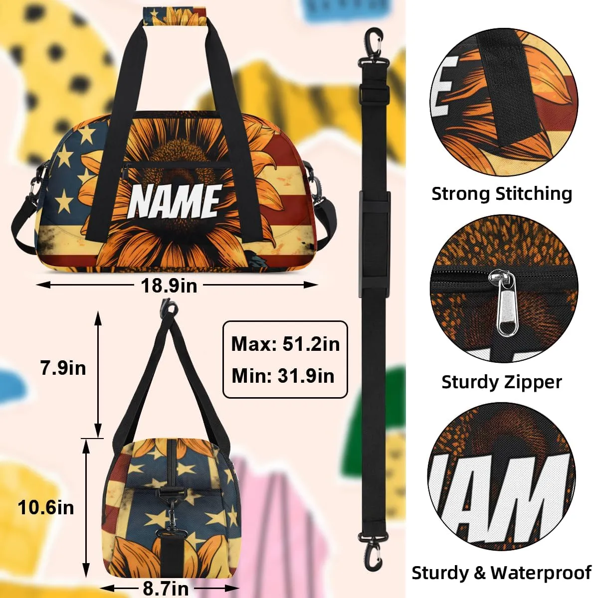 Personalized Custom Gym Bag for Women Men Carry on Sunflowers Travel Duffel Tote America Flag Overnight Workout Weekender Bag