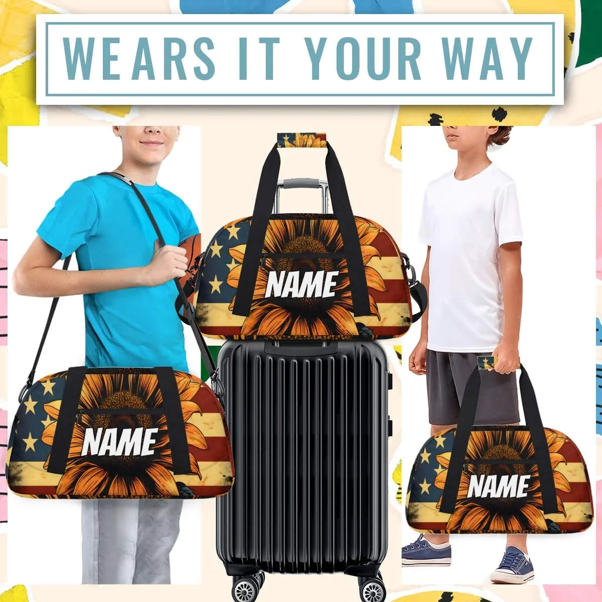 Personalized Custom Gym Bag for Women Men Carry on Sunflowers Travel Duffel Tote America Flag Overnight Workout Weekender Bag
