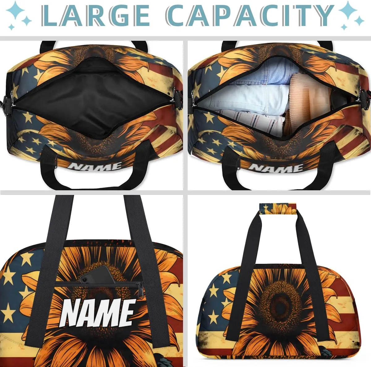 Personalized Custom Gym Bag for Women Men Carry on Sunflowers Travel Duffel Tote America Flag Overnight Workout Weekender Bag