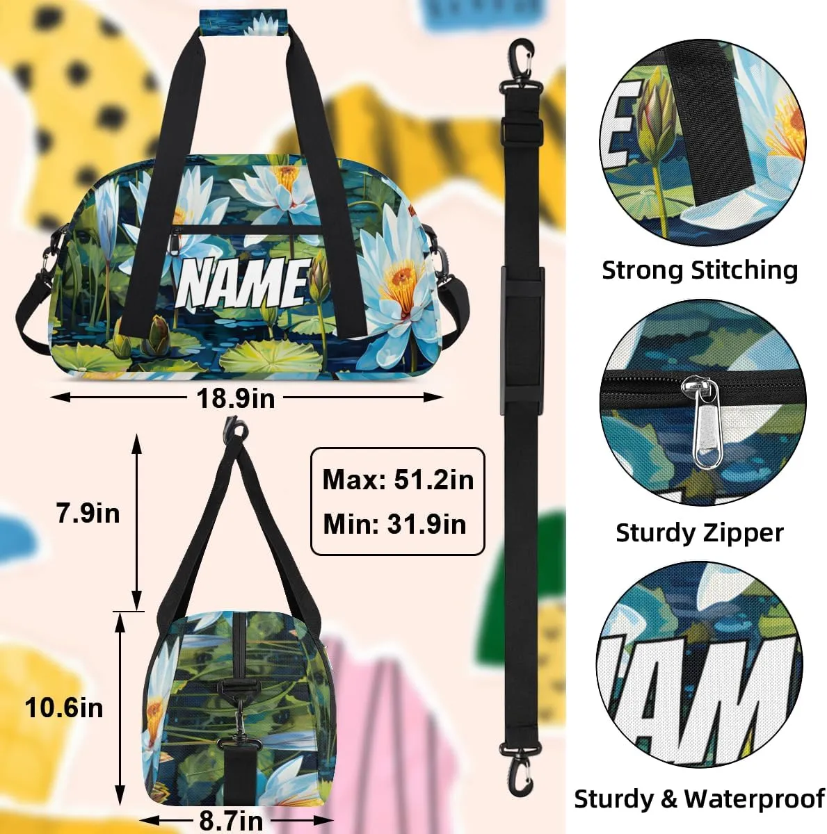 Personalized Custom Gym Bag for Women Men Carry on Water Lily Travel Duffel Tote Summer Nature Overnight Workout Weekender Bag