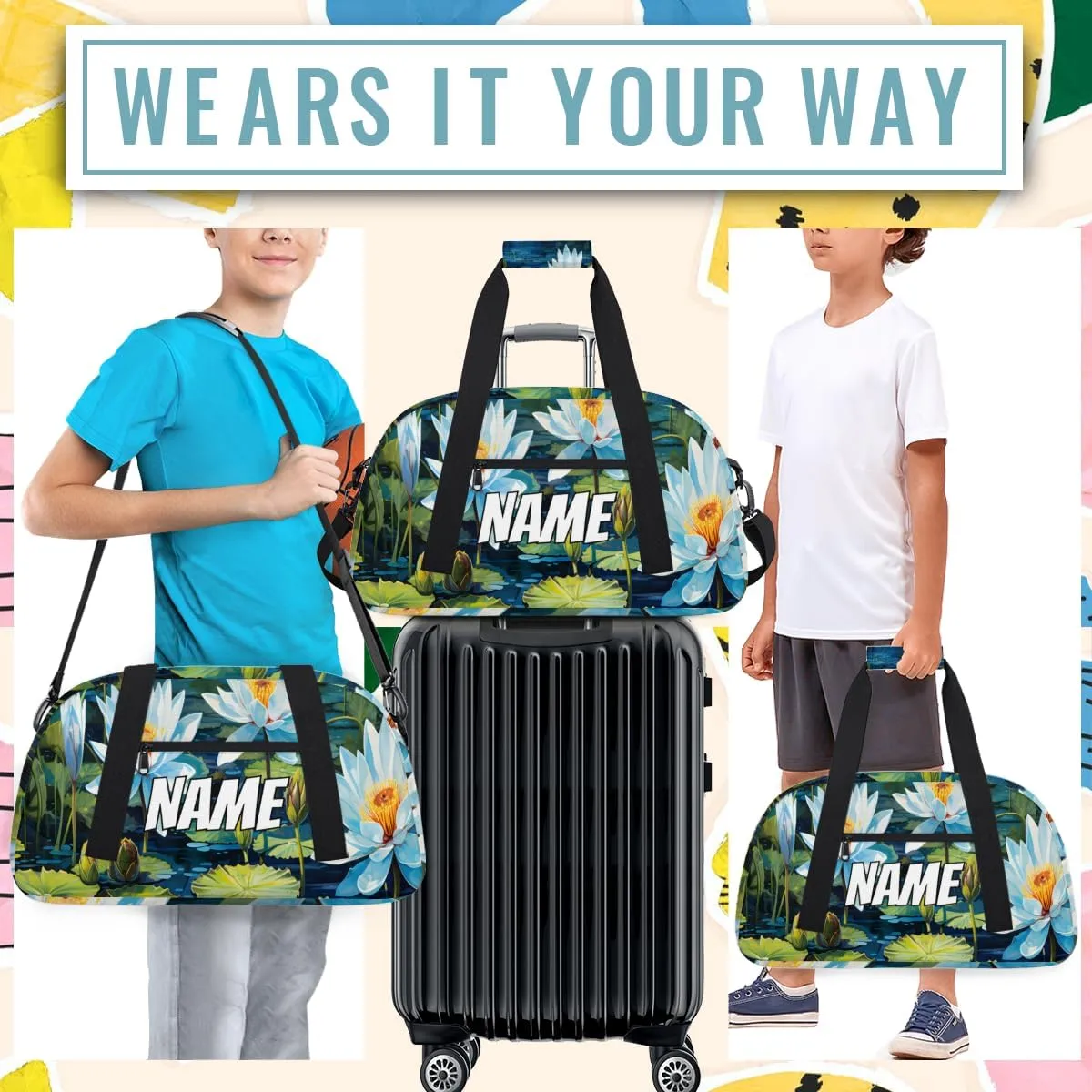 Personalized Custom Gym Bag for Women Men Carry on Water Lily Travel Duffel Tote Summer Nature Overnight Workout Weekender Bag