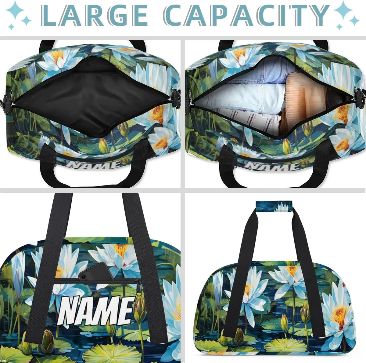 Personalized Custom Gym Bag for Women Men Carry on Water Lily Travel Duffel Tote Summer Nature Overnight Workout Weekender Bag