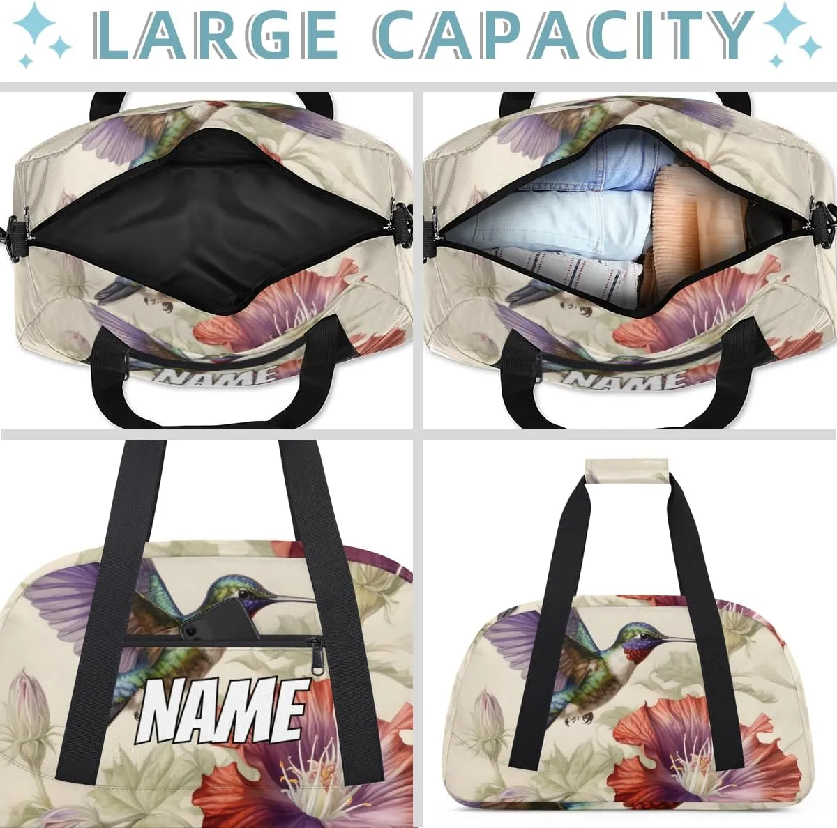 Personalized Custom Gym Bag for Women Men Carry on Wildlife Hummingbird Travel Duffel Tote Watercolor Flower Overnight Workout Weekender Bag