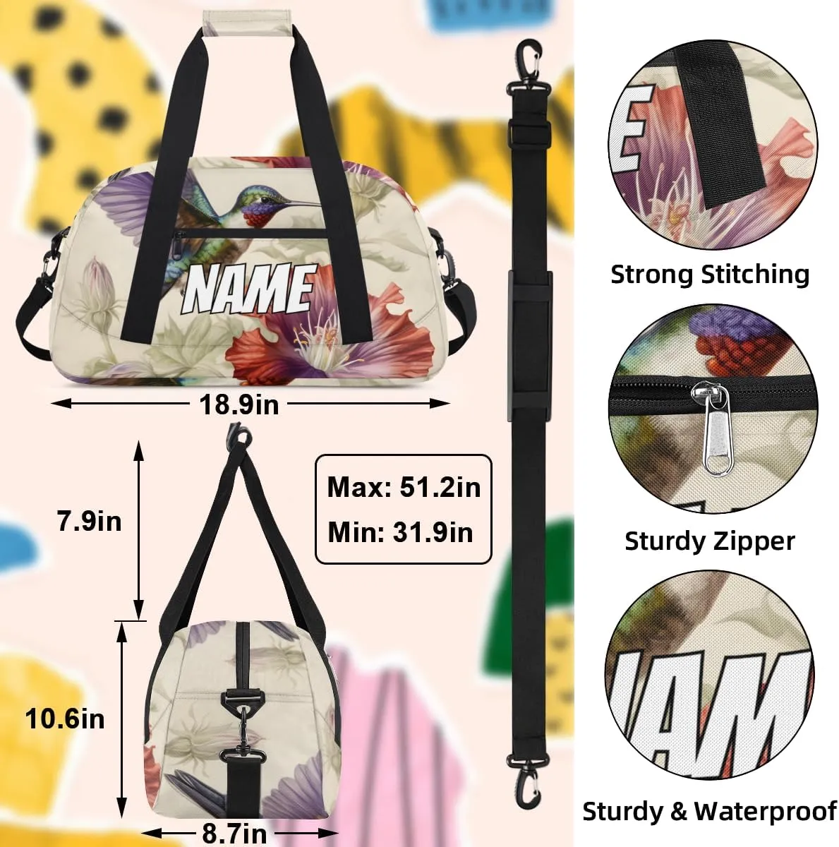 Personalized Custom Gym Bag for Women Men Carry on Wildlife Hummingbird Travel Duffel Tote Watercolor Flower Overnight Workout Weekender Bag