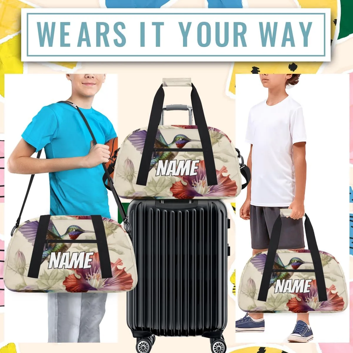 Personalized Custom Gym Bag for Women Men Carry on Wildlife Hummingbird Travel Duffel Tote Watercolor Flower Overnight Workout Weekender Bag