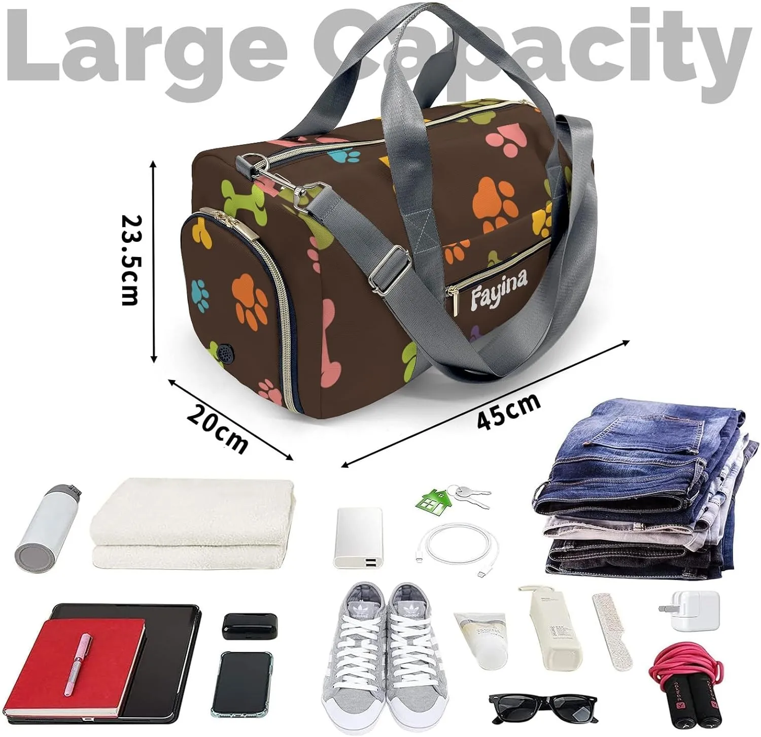 Personalized Cute Paws of Dog Custom Multi-functional Travel Bag, Unisex Portable Duffel Bag, Short Distance Travel Assistant