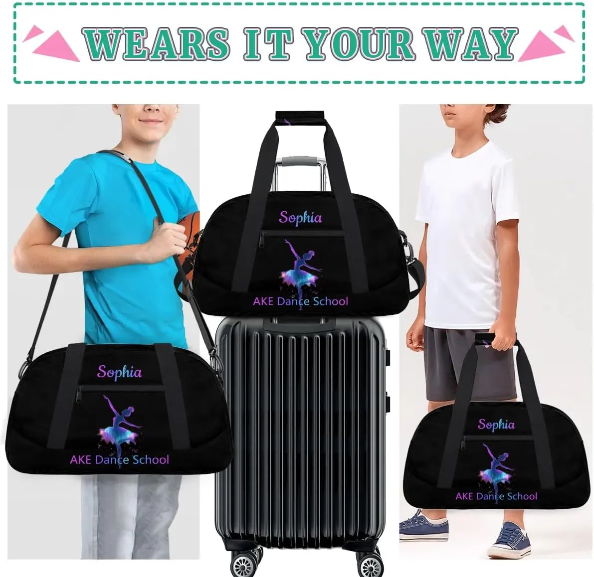 Personalized Dance-Duffel-Bag Custom-Girls-Dance-Bag for Dance Team Black Dance-Bag with-Name for Girls Ballet-Bag for Toddler Girls Dancers Purple Dancer Tote Bag