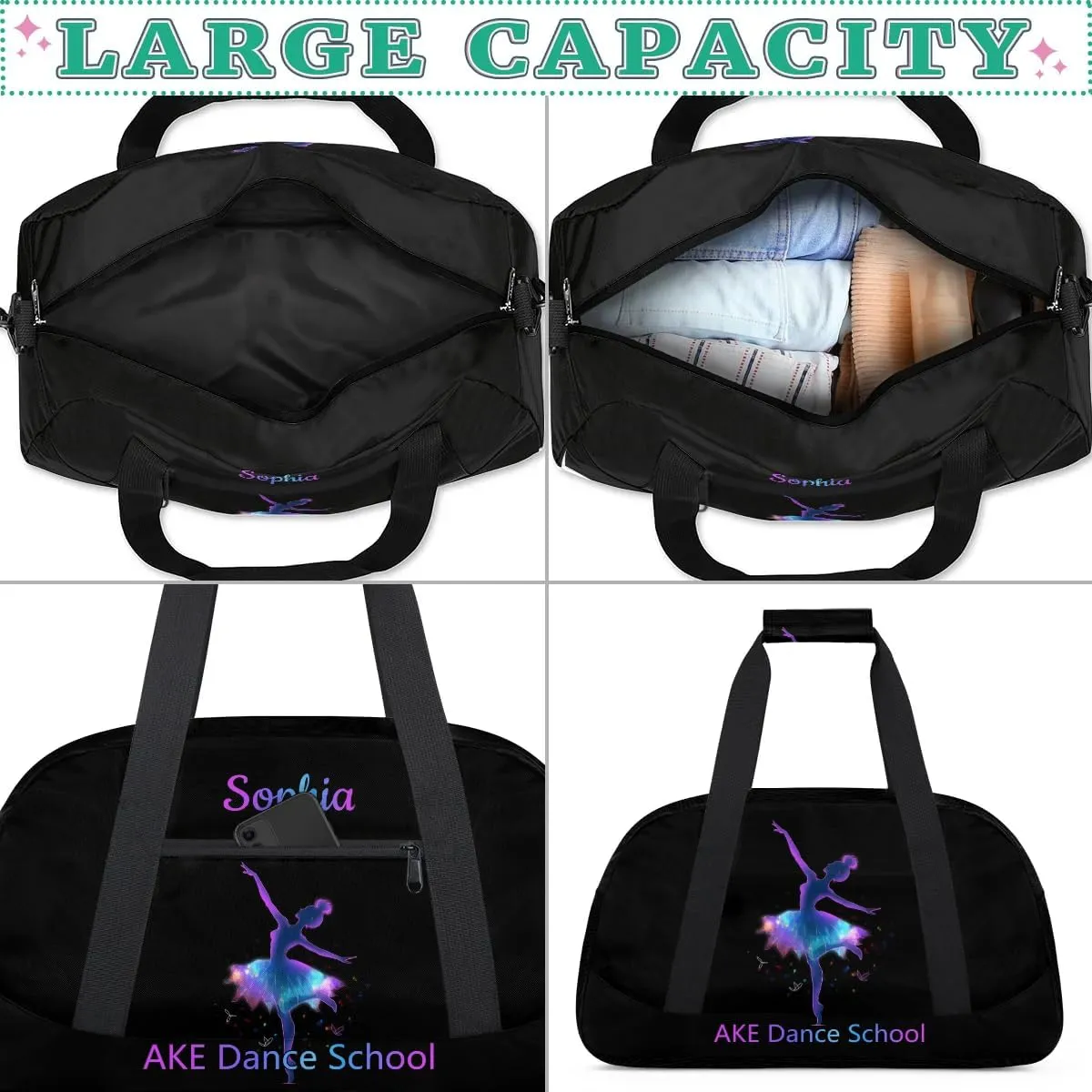 Personalized Dance-Duffel-Bag Custom-Girls-Dance-Bag for Dance Team Black Dance-Bag with-Name for Girls Ballet-Bag for Toddler Girls Dancers Purple Dancer Tote Bag