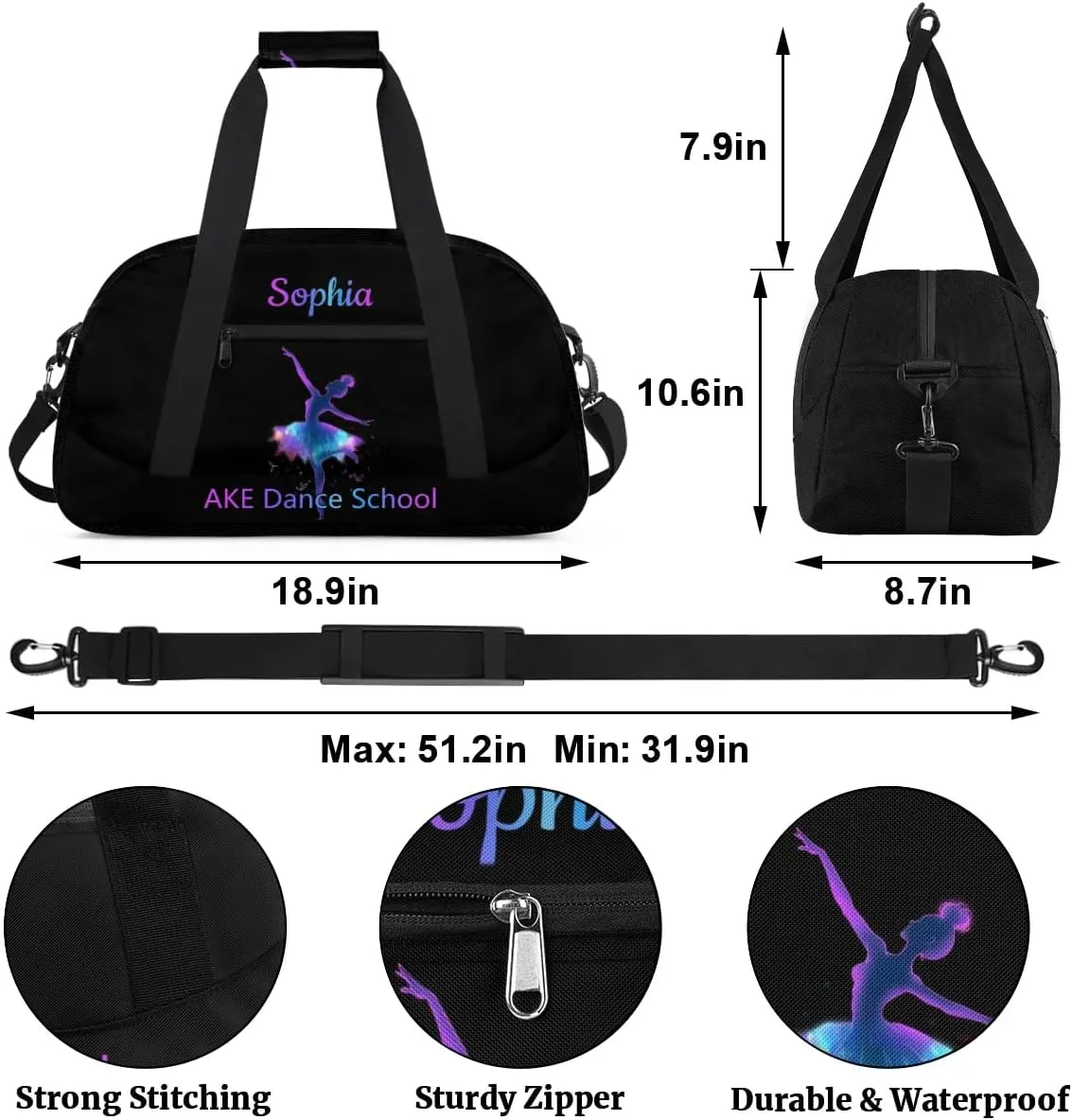 Personalized Dance-Duffel-Bag Custom-Girls-Dance-Bag for Dance Team Black Dance-Bag with-Name for Girls Ballet-Bag for Toddler Girls Dancers Purple Dancer Tote Bag