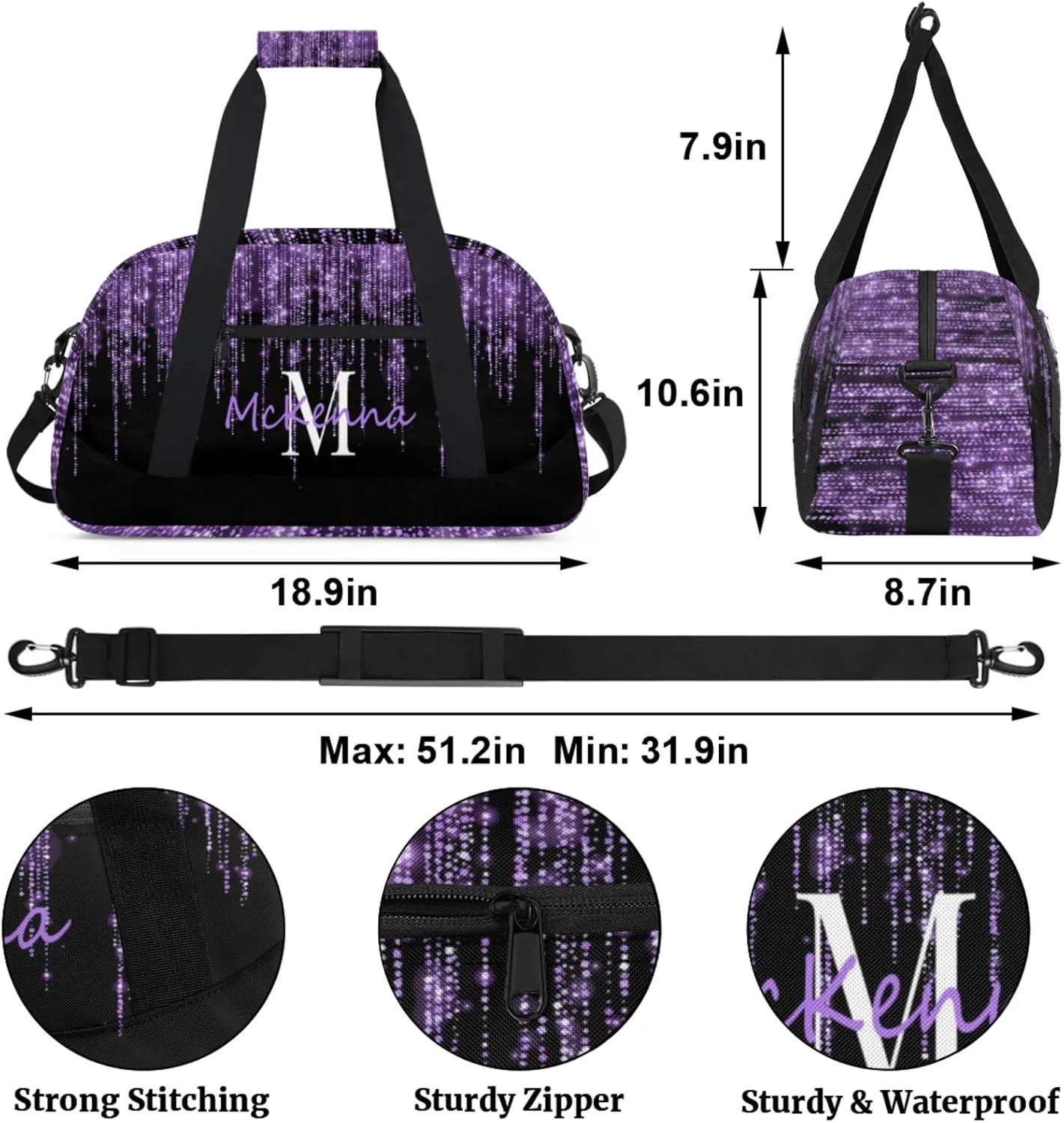 Personalized Dance Duffle Bag for Women, Dream Purple Glittering Curtain Effect Custom Duffel Bag, Initial Letter Name on the Bag