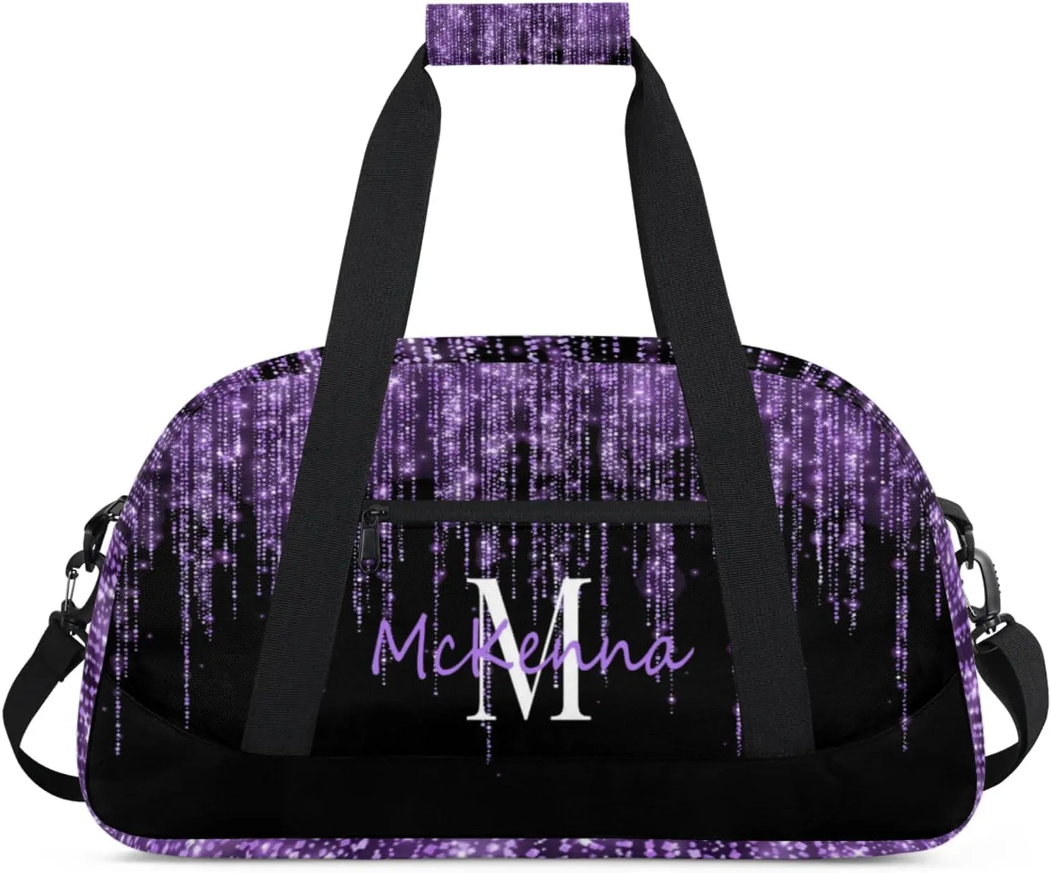 Personalized Dance Duffle Bag for Women, Dream Purple Glittering Curtain Effect Custom Duffel Bag, Initial Letter Name on the Bag