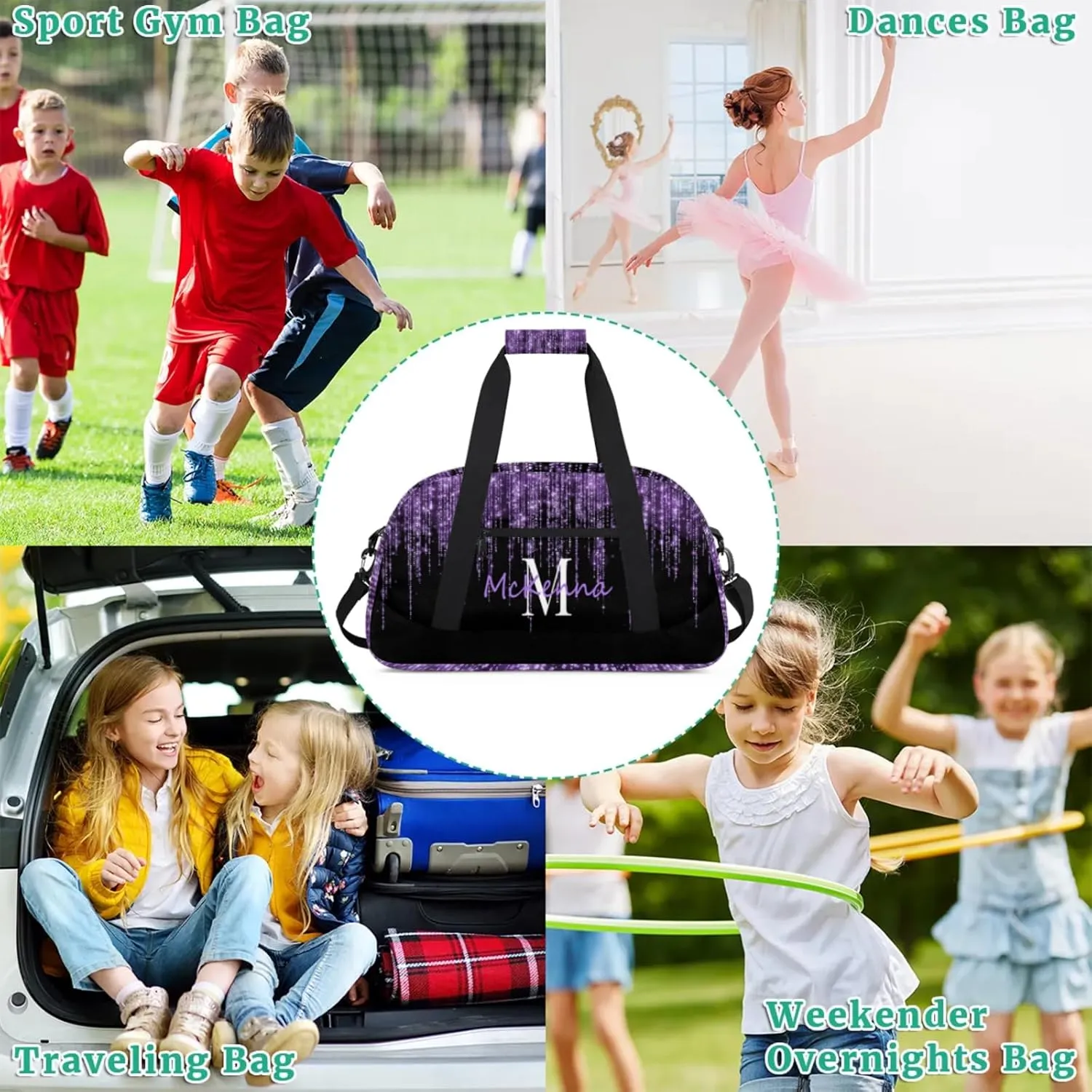 Personalized Dance Duffle Bag for Women, Dream Purple Glittering Curtain Effect Custom Duffel Bag, Initial Letter Name on the Bag