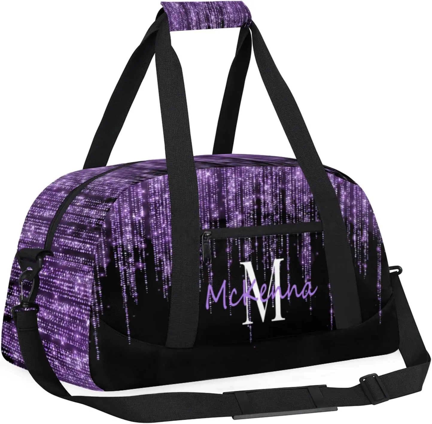 Personalized Dance Duffle Bag for Women, Dream Purple Glittering Curtain Effect Custom Duffel Bag, Initial Letter Name on the Bag