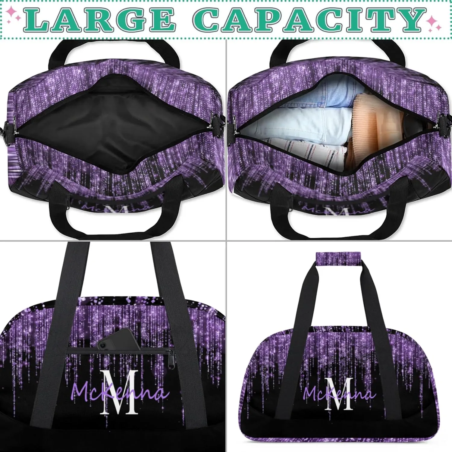 Personalized Dance Duffle Bag for Women, Dream Purple Glittering Curtain Effect Custom Duffel Bag, Initial Letter Name on the Bag