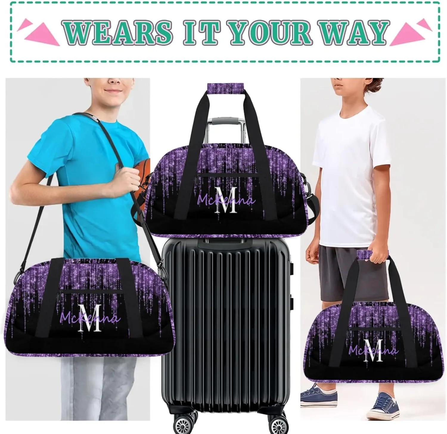 Personalized Dance Duffle Bag for Women, Dream Purple Glittering Curtain Effect Custom Duffel Bag, Initial Letter Name on the Bag