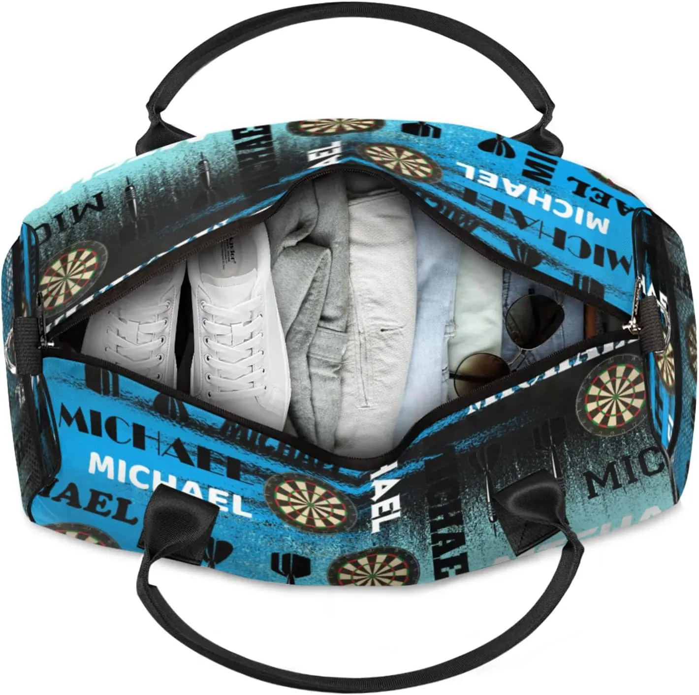 Personalized Darts Sport Duffel Bag with Name, Custom Gym Bag Customized Text Overnight Weekender Bag for Women Men, Blue