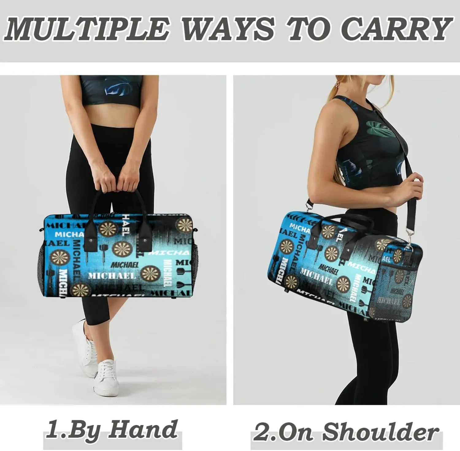 Personalized Darts Sport Duffel Bag with Name, Custom Gym Bag Customized Text Overnight Weekender Bag for Women Men, Blue