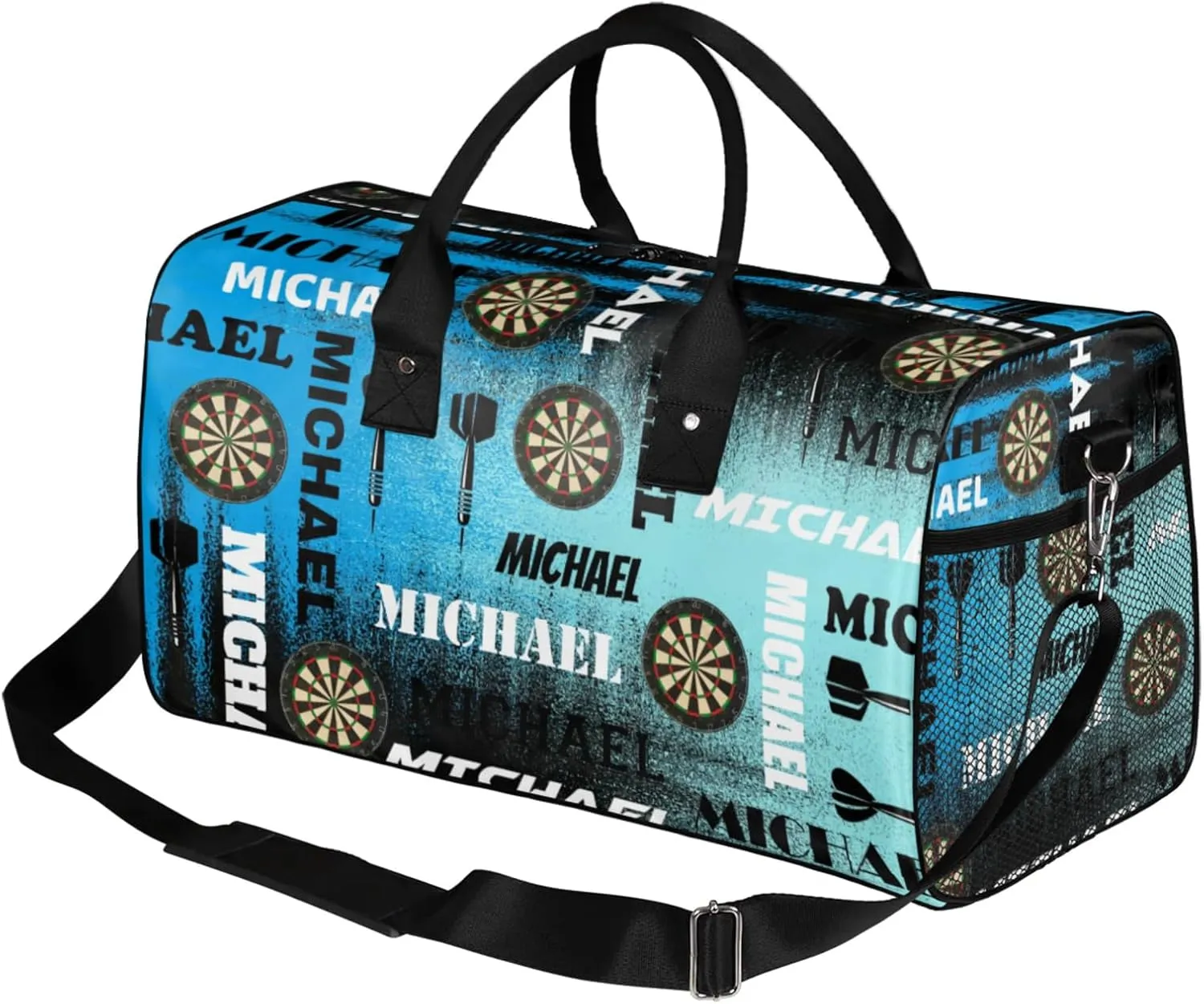 Personalized Darts Sport Duffel Bag with Name, Custom Gym Bag Customized Text Overnight Weekender Bag for Women Men, Blue