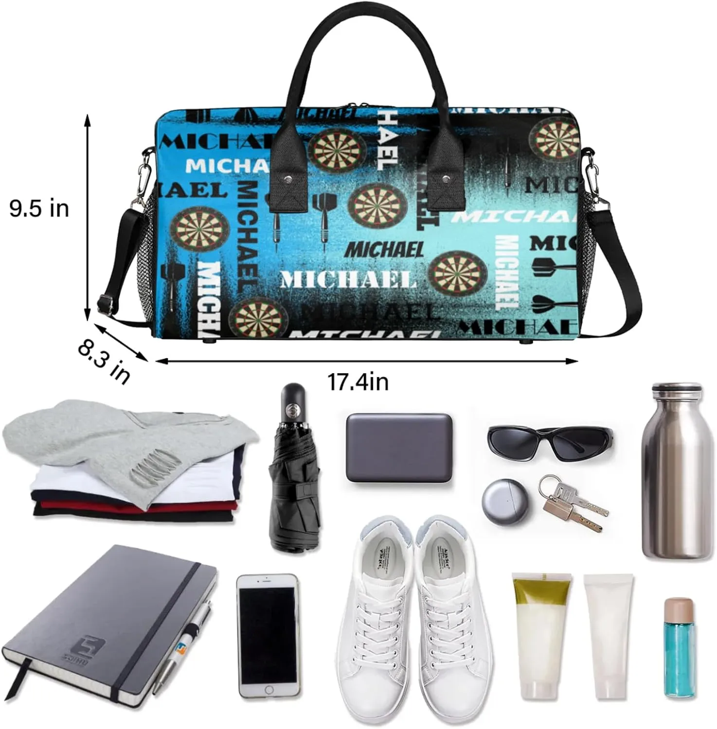 Personalized Darts Sport Duffel Bag with Name, Custom Gym Bag Customized Text Overnight Weekender Bag for Women Men, Blue