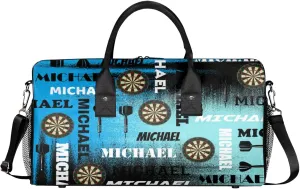 Personalized Darts Sport Duffel Bag with Name, Custom Gym Bag Customized Text Overnight Weekender Bag for Women Men, Blue