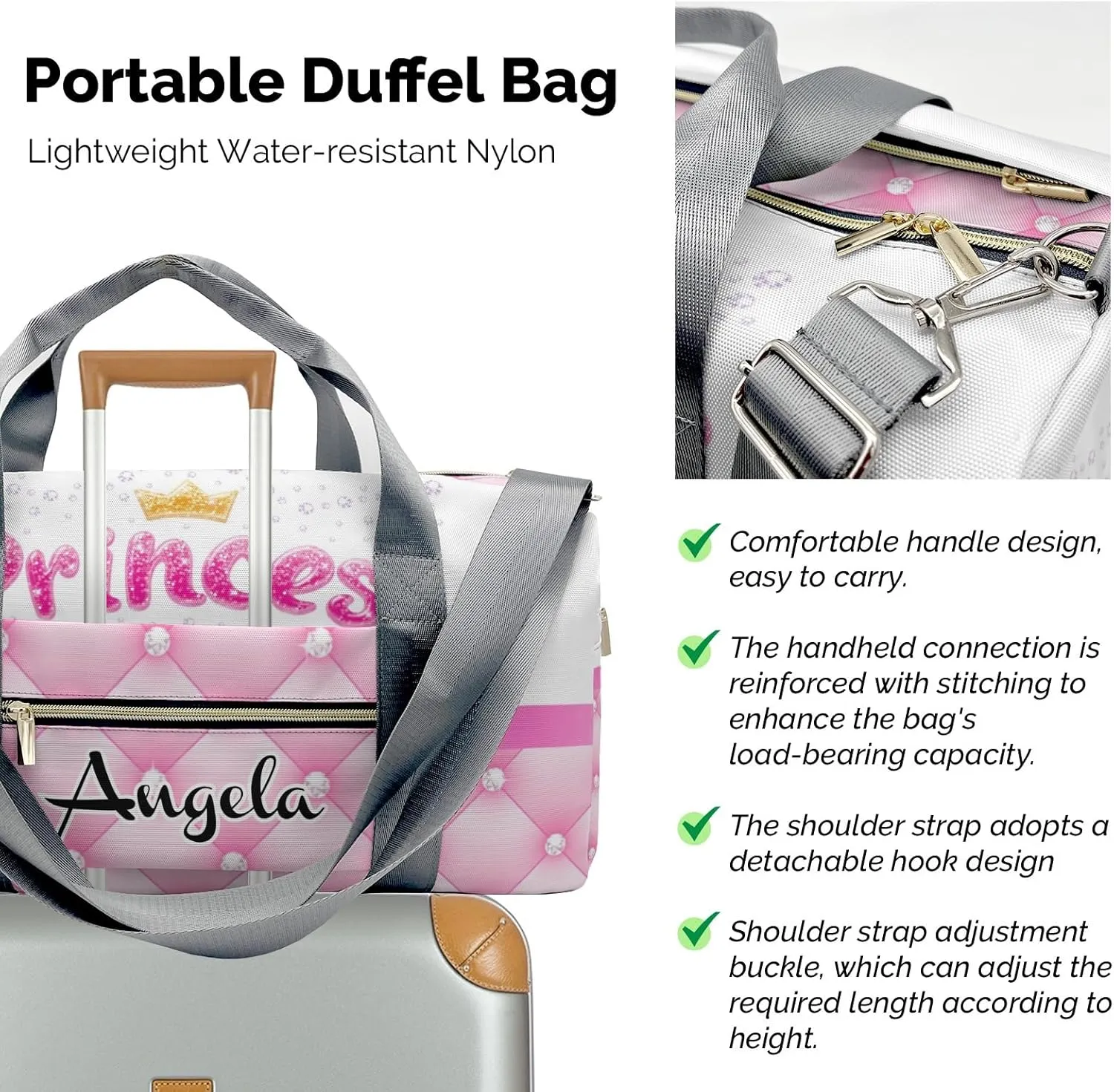 Personalized Diamond Princess Crown Pink Customized Multi-functional Handbag Travel Bag,Unisex Short Trip Portable Duffel Bag