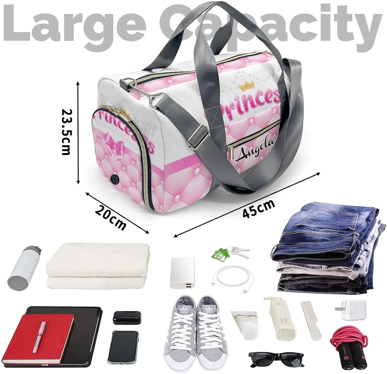 Personalized Diamond Princess Crown Pink Customized Multi-functional Handbag Travel Bag,Unisex Short Trip Portable Duffel Bag