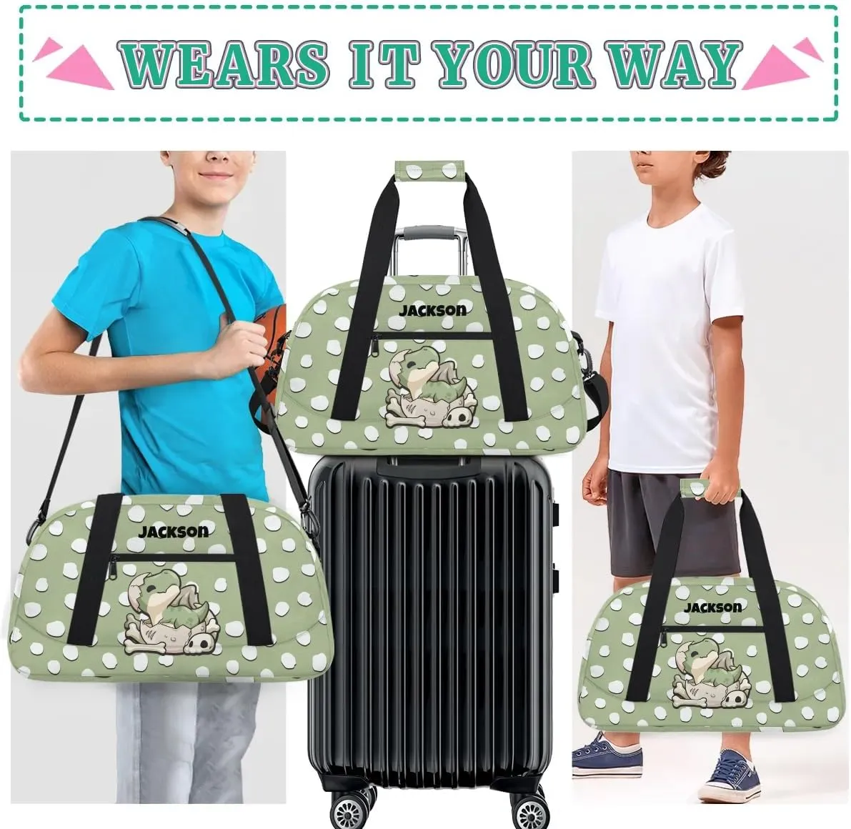 Personalized Duffel Bag for Kids Girls Boys, Dinosaur Spot Custom Name Gym Bag Overnight with Padded Handles Carry On Weekend Sports Travel Bag for School Practice Gymnastics Ballet