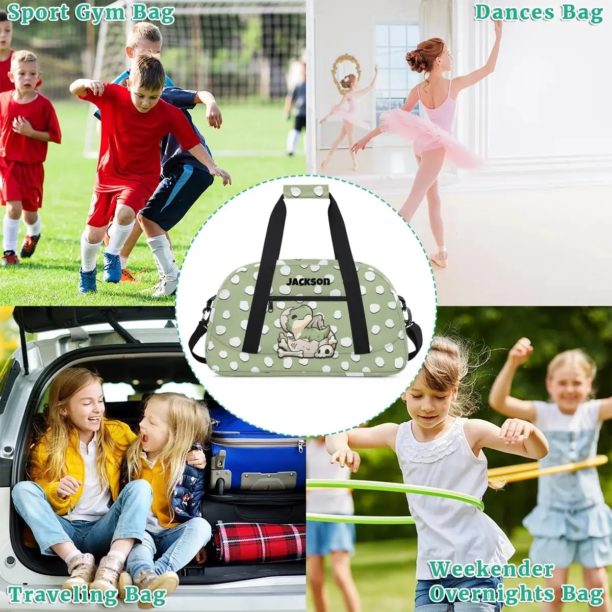 Personalized Duffel Bag for Kids Girls Boys, Dinosaur Spot Custom Name Gym Bag Overnight with Padded Handles Carry On Weekend Sports Travel Bag for School Practice Gymnastics Ballet