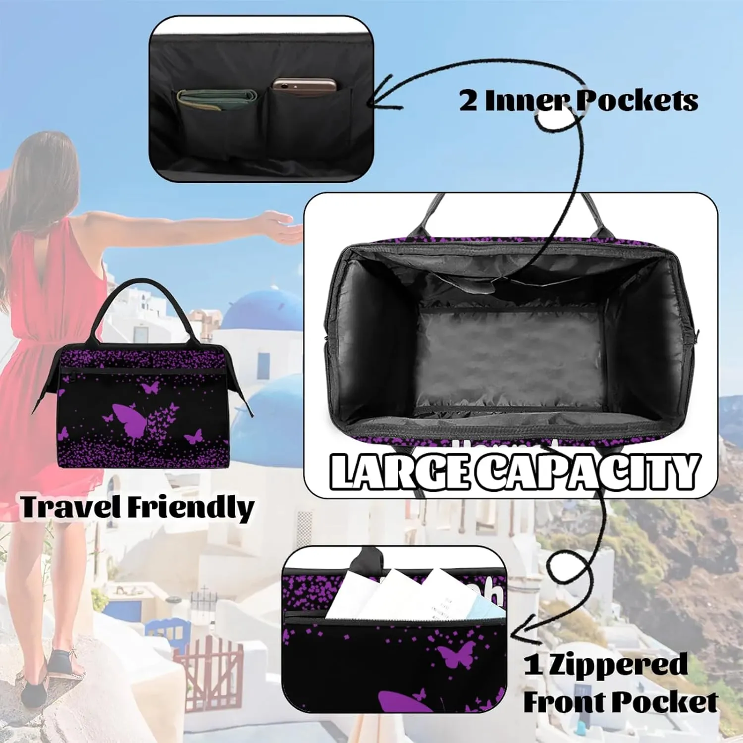 Personalized Duffel Bag with Name Butterfly Custom Travel Sports Bag for Women Men Waterproof Dance Ballet Bag Lightweight 15.2in, Dark Purple