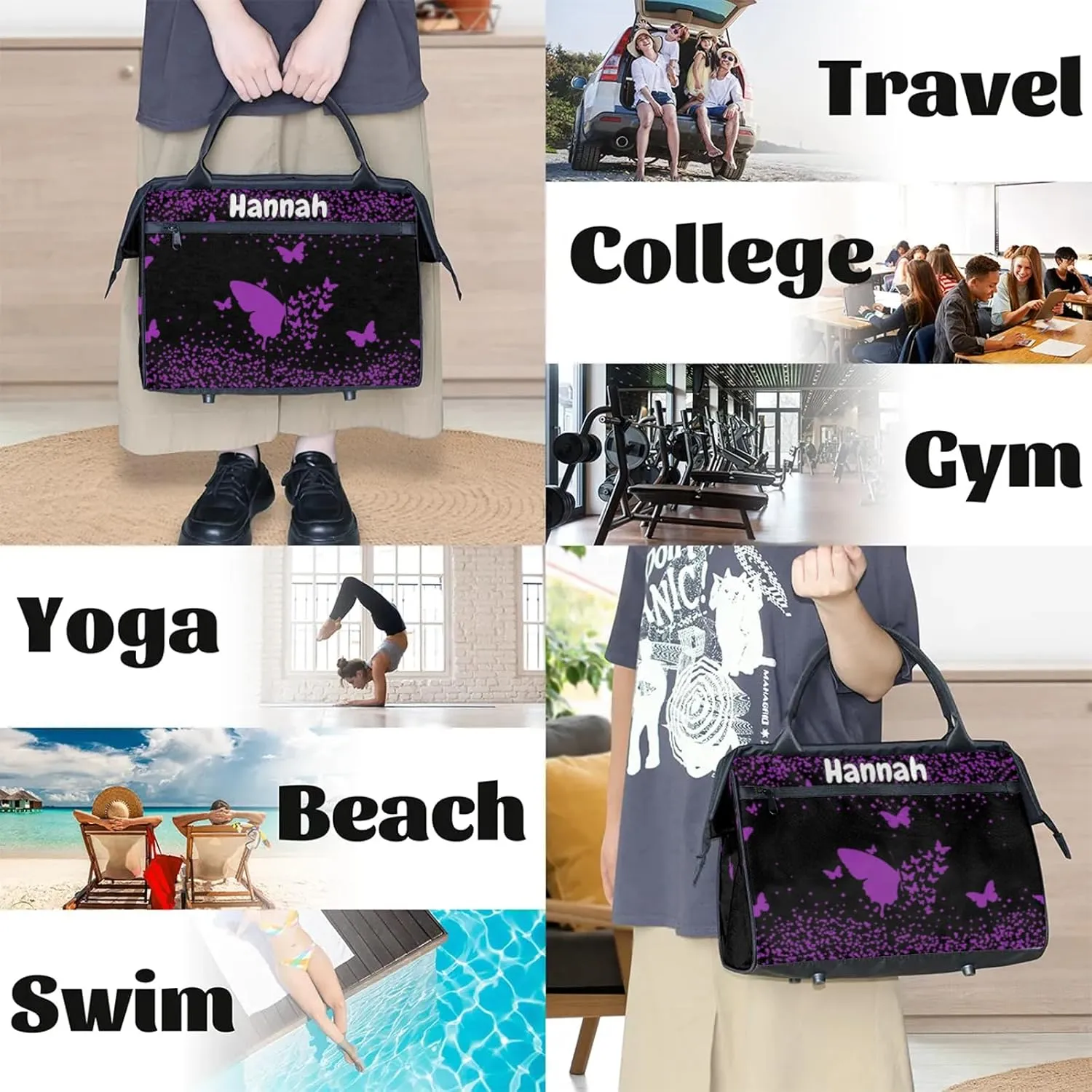Personalized Duffel Bag with Name Butterfly Custom Travel Sports Bag for Women Men Waterproof Dance Ballet Bag Lightweight 15.2in, Dark Purple