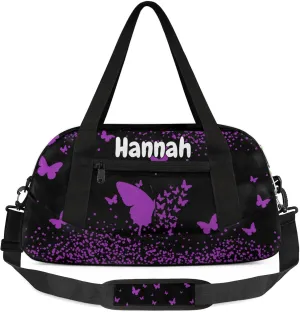 Personalized Duffel Bag with Name Butterfly Custom Travel Sports Bag for Women Men Waterproof Dance Ballet Bag Lightweight 18.5in, Dark Purple