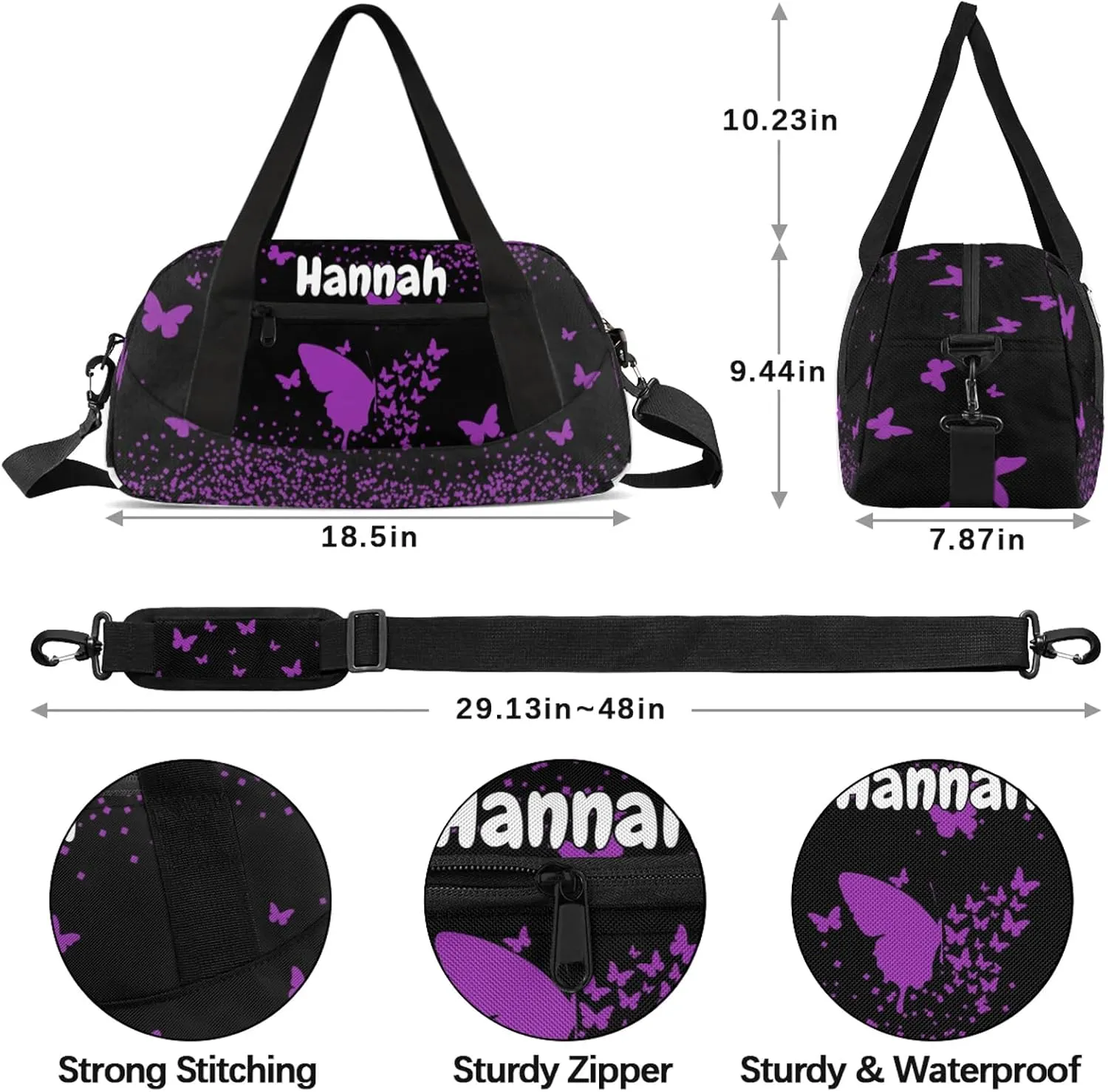 Personalized Duffel Bag with Name Butterfly Custom Travel Sports Bag for Women Men Waterproof Dance Ballet Bag Lightweight 18.5in, Dark Purple
