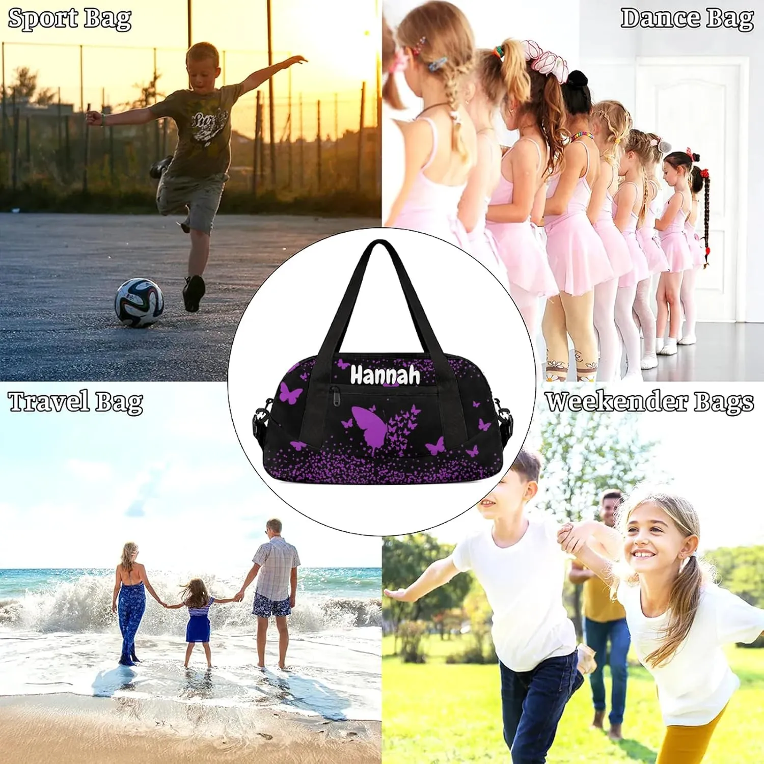 Personalized Duffel Bag with Name Butterfly Custom Travel Sports Bag for Women Men Waterproof Dance Ballet Bag Lightweight 18.5in, Dark Purple