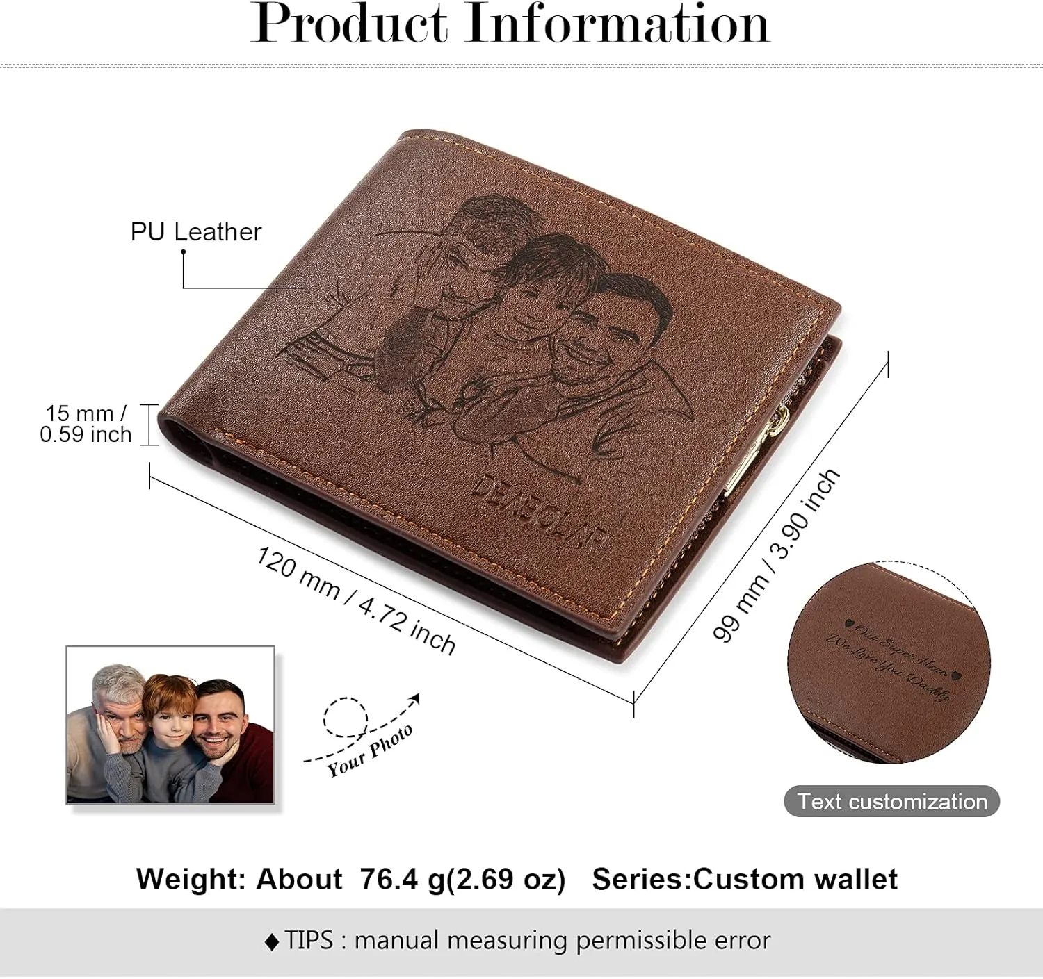 Personalized Engraved Wallet, Custom Photo Wallets for Men, Engraved Customized Leather Wallet for Men, Dad, Son, BF