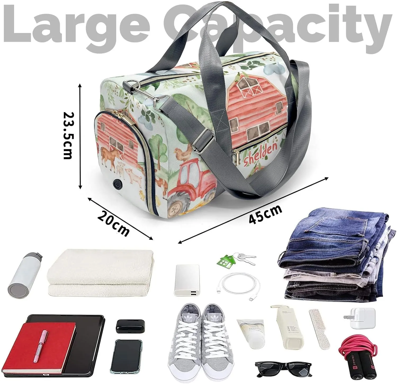 Personalized Farm Animals Greenery Leaves Custom Multi-functional Travel Bag, Unisex Portable Duffel Bag, Short Distance Travel Assistant