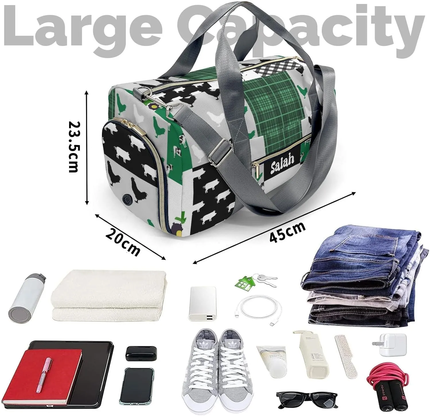 Personalized Farm Cow Rooster Car Green Custom Multi-functional Travel Bag, Unisex Portable Duffel Bag, Short Distance Travel Assistant
